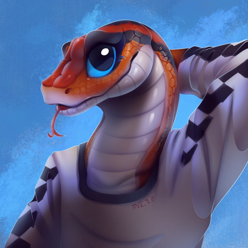 1:1 2020 anthro blue_sclera bust_portrait clothing colubrid female fivel forked_tongue hand_behind_head hi_res humanoid lampropeltini long_neck looking_up portrait rat_snake red_body red_scales reptile scales scalie shirt sky smile snake snout solo tongue tongue_out topwear white_clothing white_shirt white_topwear