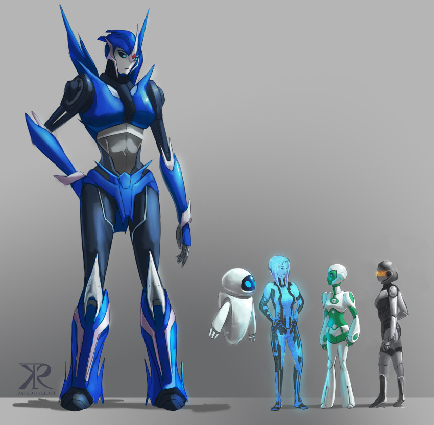 5girls arcee autobot blue_eyes blue_hair cortana edi_(mass_effect) eve_(wall-e) fausto green_lantern_(series) grey_background grey_hair halo_(game) hands_on_hips highres hologram looking_down looking_to_the_side mass_effect mass_effect_3 mecha multiple_girls no_humans robot transformers transformers_prime visor