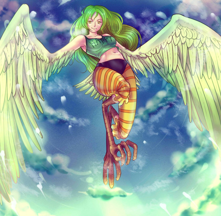 2018 animal_humanoid avian avian_humanoid blue_background breasts clothing cloud european_mythology female greek_mythology green_hair hair harpy hi_res humanoid midriff monet mythological_avian mythology one_piece simple_background sky solo unknown_artist winged_arms wings yellow_eyes