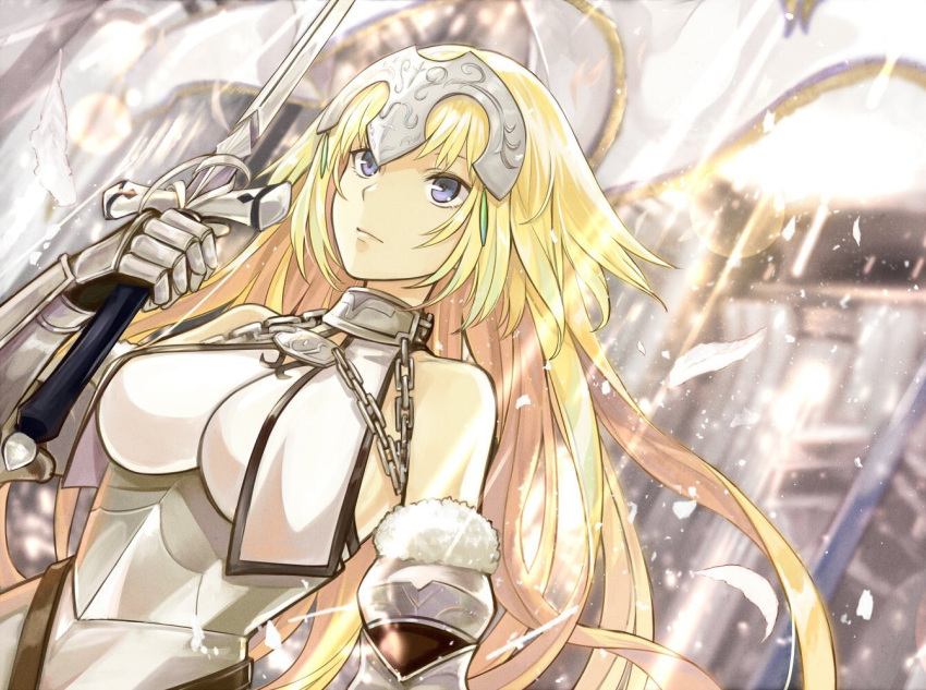 1girl blonde_hair blue_eyes breasts chain fate/apocrypha fate/grand_order fate_(series) feathers flag gauntlets jeanne_d'arc_(fate) jeanne_d'arc_(fate)_(all) kazabana_fuuka light_rays long_hair sword weapon