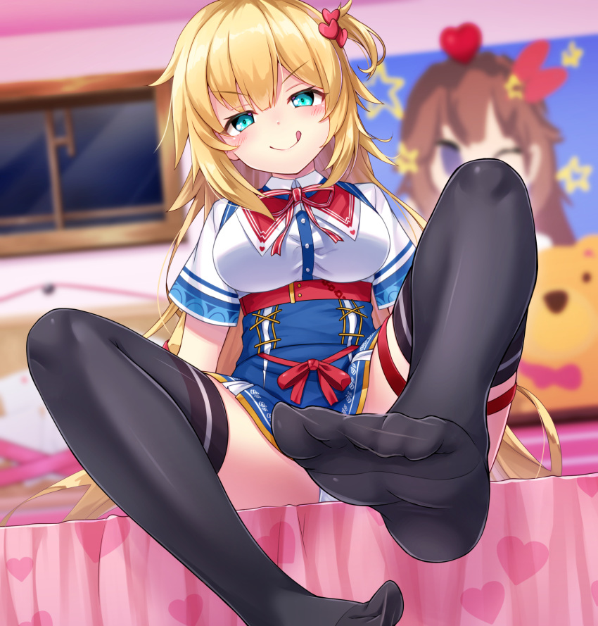 1girl :p akai_haato bed black_legwear blue_eyes blurry blurry_background breasts hair_ornament highres hololive kasaran looking_at_viewer no_shoes panties pantyshot poster sitting solo thighhighs tokino_sora tongue tongue_out underwear virtual_youtuber white_panties window
