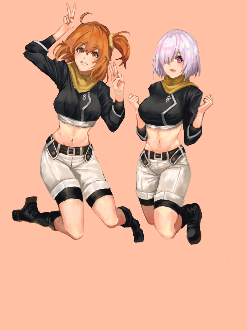 2girls ahoge bangs belt bike_shorts bike_shorts_under_shorts black_footwear black_shirt blush bodysuit_under_clothes boots breasts brown_belt brown_scarf commentary cosplay crop_top double_v eyebrows_visible_through_hair fate/grand_order fate_(series) fujimaru_ritsuka_(female) fujimaru_ritsuka_(female)_(cosplay) full_body grin groin hair_between_eyes hair_ornament hair_over_one_eye hair_scrunchie hands_up highres jumping knee_boots large_breasts lavender_hair looking_at_viewer mash_kyrielight midriff mochigana multiple_girls navel open_mouth orange_background orange_eyes orange_hair purple_eyes scarf scrunchie shirt short_hair shorts side_ponytail sidelocks simple_background smile true_ether_chaldea_uniform v white_shorts yellow_scrunchie