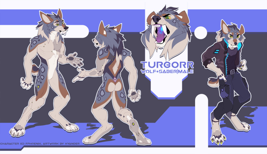 5_fingers anthro canid canine canis claws clothed clothing digital_media_(artwork) english_text felid fingers fur hi_res kyander machairodontine male mammal nude open_mouth paws robotic_arm robotic_leg simple_background smilodon solo standing teeth text tongue wolf