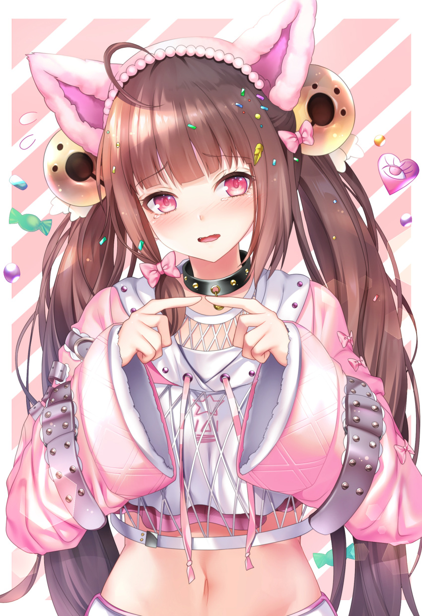 1girl absurdres ahoge animal_ears bangs blunt_bangs blush border bow brown_hair candy cat_ears character_request collar commentary_request crop_top destiny_child eyebrows_visible_through_hair fake_animal_ears fang fingers_together food hair_between_eyes hair_bow heart highres kurowana long_sleeves looking_at_viewer low_twintails navel open_mouth pink_bow red_eyes shirt sidelocks solo tearing_up twintails upper_body white_shirt wide_sleeves
