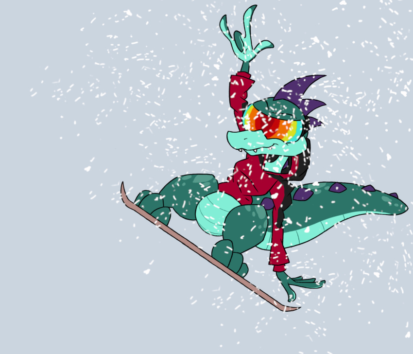 alligatorid anthro bottomless caiman catie_the_caiman clothed clothing crocodilian eyewear female goggles hi_res jacket reptile sarcolopter scalie snow snowboard solo toony topwear
