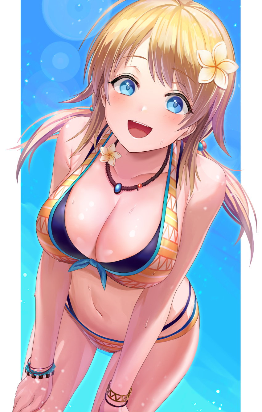 1girl :d absurdres ahoge bare_shoulders bikini blonde_hair blue_eyes bracelet breasts cleavage collarbone flower front-tie_bikini front-tie_top gomibukurokarasu hachimiya_meguru hair_flower hair_ornament hands_on_own_thighs highres idolmaster idolmaster_shiny_colors jewelry large_breasts long_hair looking_at_viewer multi-strapped_bikini navel necklace open_mouth orange_bikini smile solo stomach swimsuit