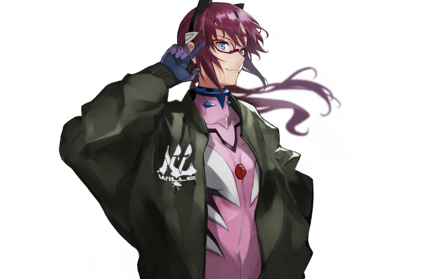 1girl 55level bangs blue_eyes bodysuit brown_hair commentary glasses green_jacket hairband highres jacket long_hair looking_at_viewer makinami_mari_illustrious neon_genesis_evangelion pink_bodysuit plugsuit rebuild_of_evangelion red-framed_eyewear simple_background smile solo twintails upper_body white_background