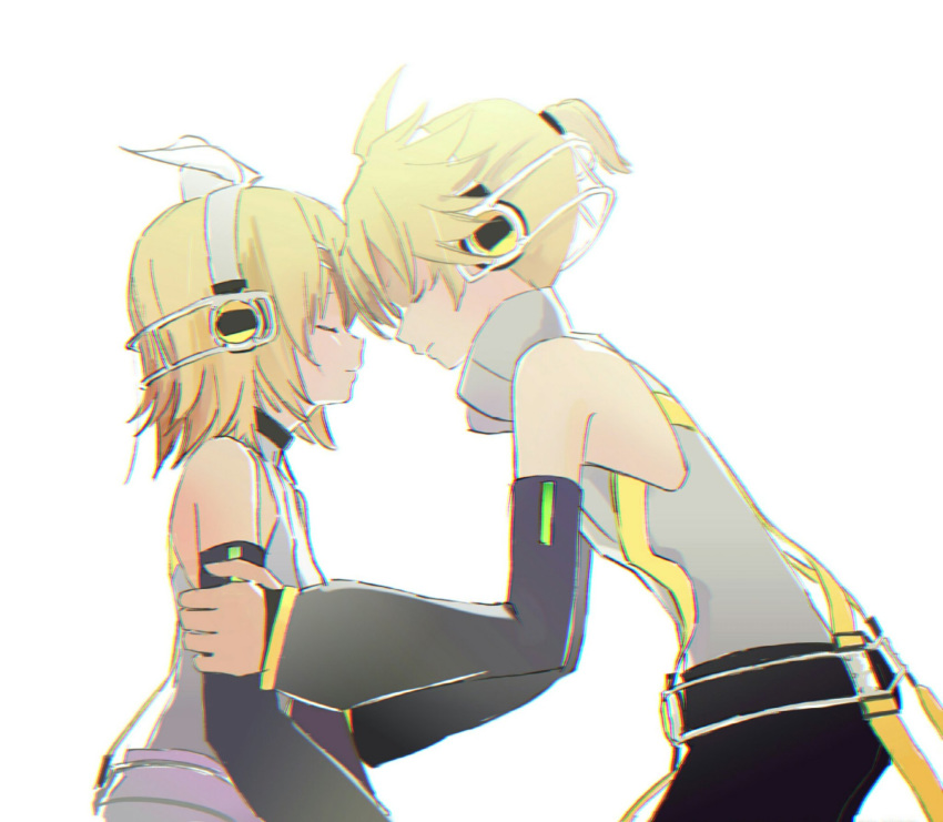 1boy 1girl backlighting bangs bare_shoulders belt black_shorts black_sleeves blonde_hair bow closed_eyes d_futagosaikyou detached_sleeves forehead-to-forehead from_side hair_bow hair_ornament hairclip hands_on_another's_arms headphones highres holding_another's_arm kagamine_len kagamine_len_(append) kagamine_rin kagamine_rin_(append) leaning_forward shirt short_hair short_ponytail shorts sleeveless sleeveless_shirt spiked_hair swept_bangs upper_body vocaloid vocaloid_append white_background white_bow white_shirt