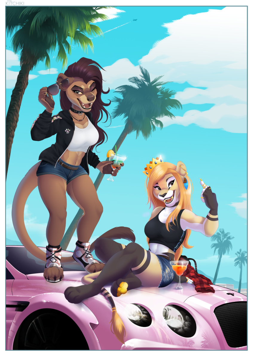 2020 4_toes 5_fingers anthro border breasts brown_hair brown_nose clothed clothing day detailed_background digital_media_(artwork) eyebrows eyelashes felid female fingers hair hi_res kitchiki lion mammal open_mouth outside pantherine sky smile teeth toes tongue white_border