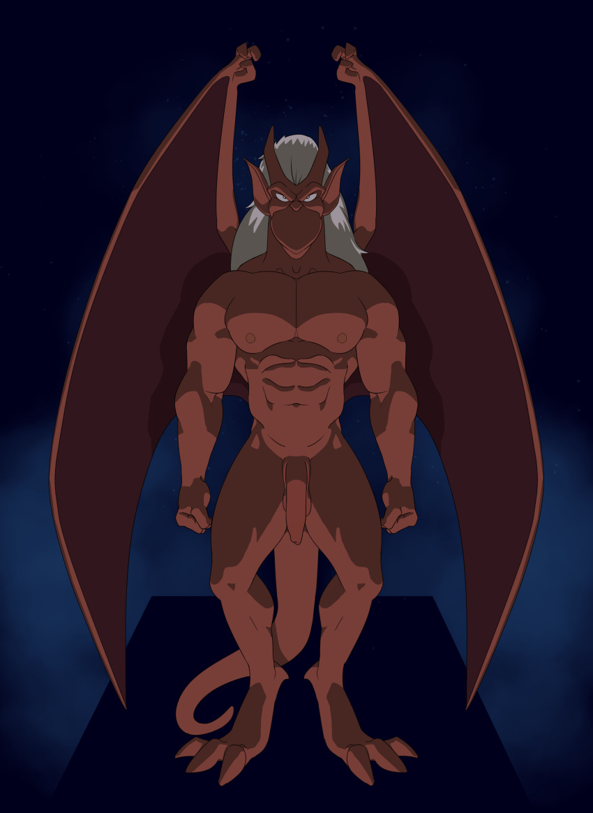 4_toes abs abstract_background absurd_res balls beak big_penis biped brooklyn_(gargoyles) claws dewclaw digital_drawing_(artwork) digital_media_(artwork) digitigrade disney ear_fins fin fist foreskin front_view full-length_portrait gargoyle gargoyles genitals hair hi_res horn humanoid humanoid_genitalia humanoid_penis long_penis looking_at_viewer male mane membrane_(anatomy) membranous_wings muscular muscular_male navel nipples nude pecs penis portrait red_body red_skin smagma solo standing toe_claws toes white_hair white_mane wing_claws wings