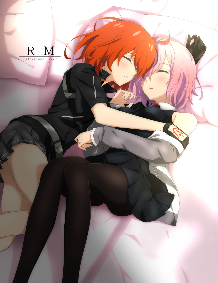 2girls absurdres bed_sheet black_dress black_legwear black_shirt cardigan character_name closed_eyes clothes_down collared_dress copyright_name dress fate/grand_order fate_(series) fujimaru_ritsuka_(female) grey_skirt grey_sleeves highres initial long_sleeves lying mash_kyrielight miniskirt multiple_girls on_back on_side open_cardigan open_clothes open_mouth orange_hair pantyhose parted_lips pillow pink_hair pleated_dress pleated_skirt shi_ma86 shiny shiny_hair shirt short_dress short_hair short_sleeves skirt sleeping sleeveless sleeveless_dress wing_collar