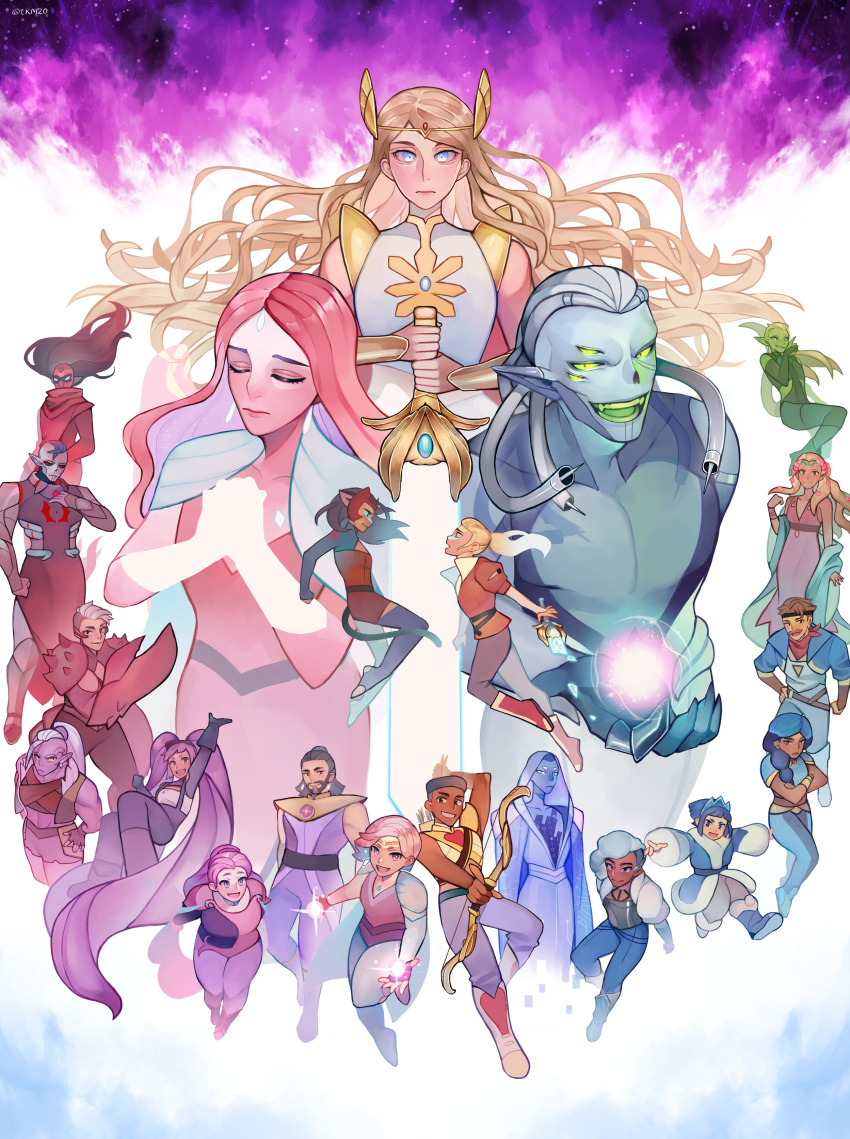 5boys 6+girls absurdres adora_(she-ra) blonde_hair bow_(she-ra) bow_(weapon) broken broken_sword broken_weapon catra claws entrapta everyone extra_eyes facial_hair fangs frosta glimmer_(she-ra) glowing glowing_hands glowing_sword glowing_weapon green_eyes highres hordak huntara_(she-ra) king_micah light_hope_(she-ra) masters_of_the_universe mermista monster_boy monster_girl multiple_boys multiple_girls mustache netossa perfuma_(she-ra) pointy_ears queen_angella red_eyes scarf scorpia sea_hawk_(she-ra) shadow_weaver she-ra_and_the_princesses_of_power spinnerella sword takamizo tiara weapon