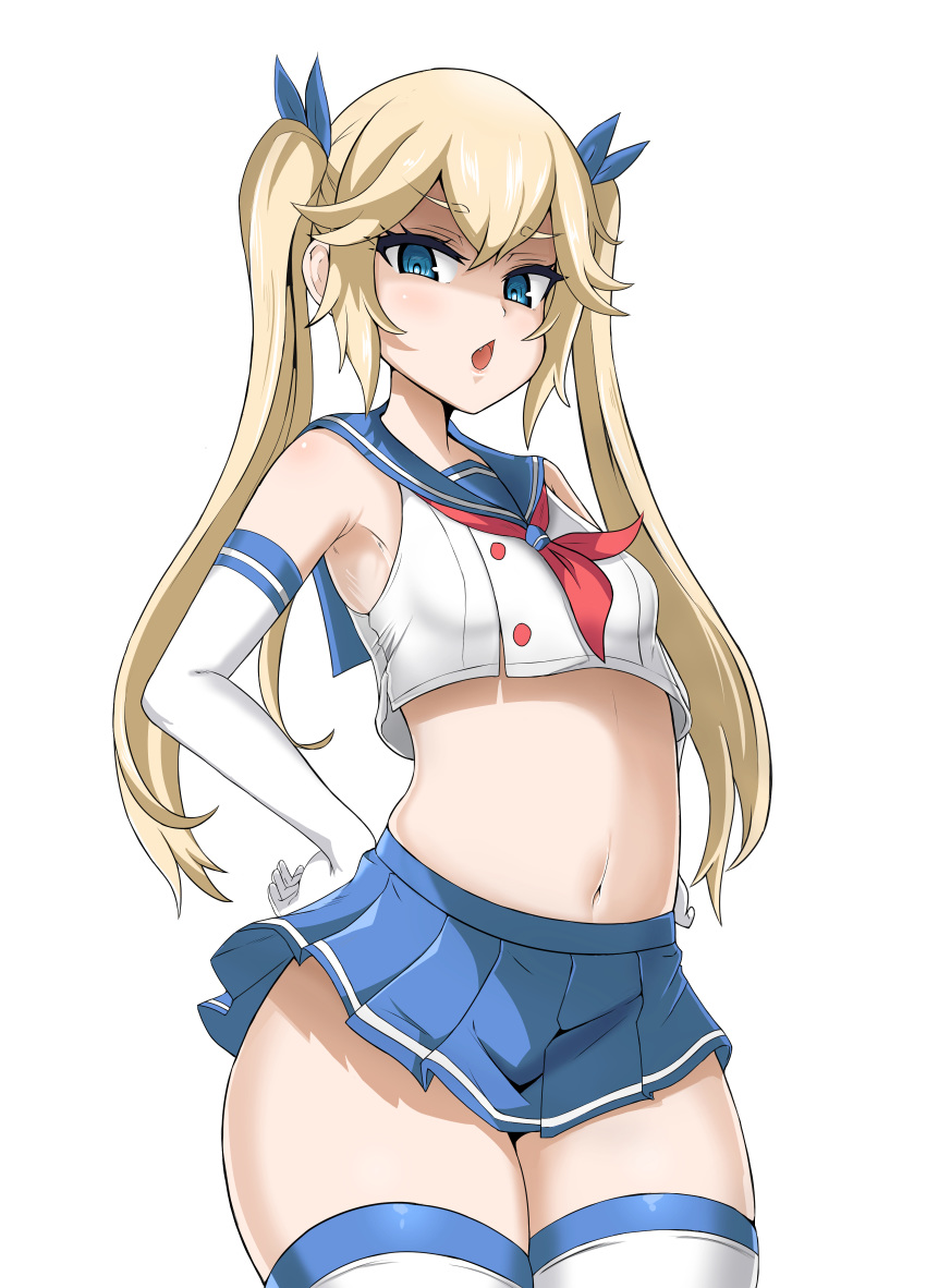 1girl absurdres armpits bangs blonde_hair blue_eyes blue_skirt crop_top crop_top_overhang elbow_gloves fang gloves hair_ribbon highres kimwangjyang last_origin looking_at_viewer mh-4_thetis midriff miniskirt navel open_mouth pleated_skirt ribbon sailor_collar skirt solo thighhighs twintails white_gloves wide_hips