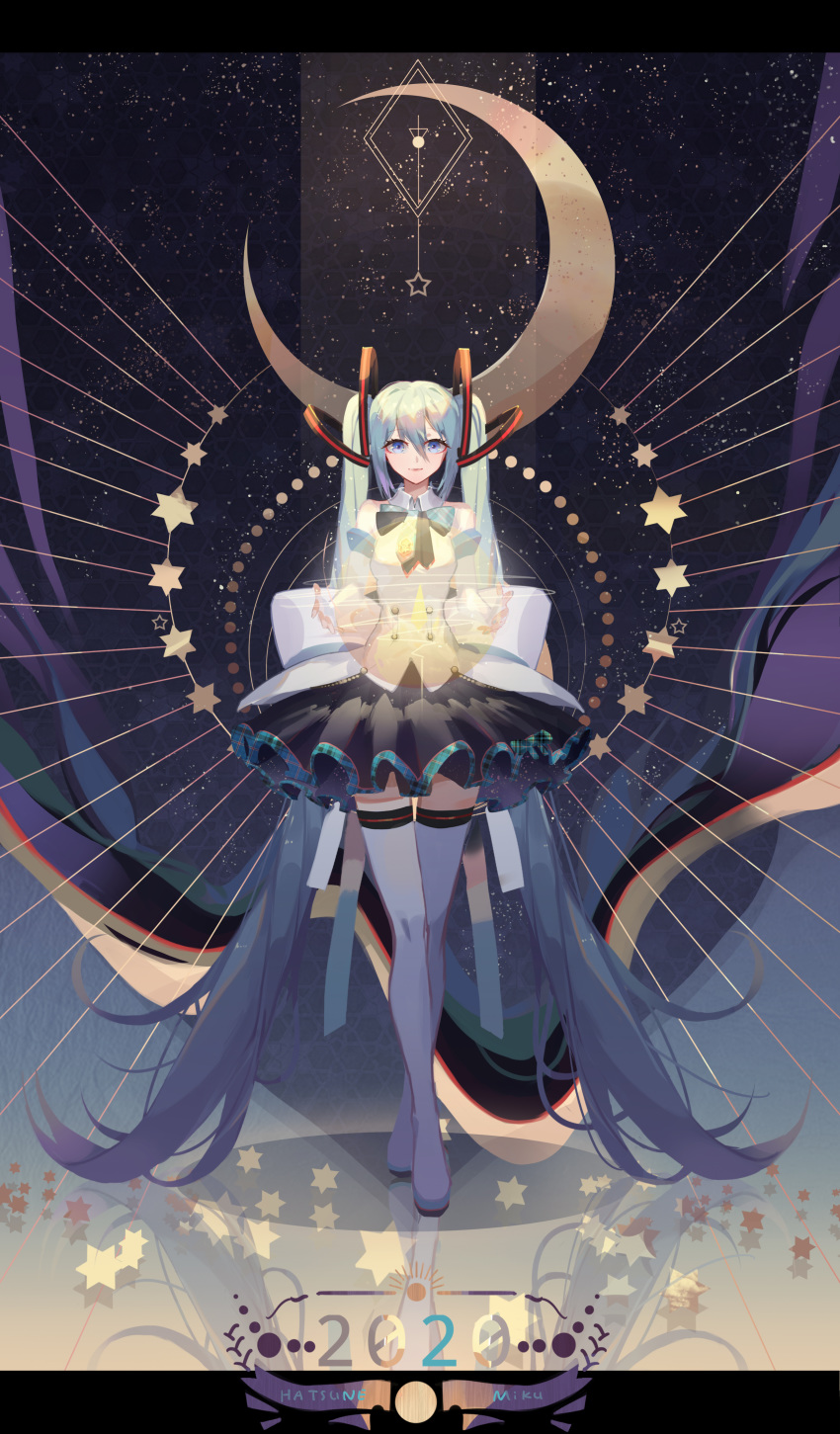 1girl 2020 absurdres aqua_eyes aqua_hair black_ribbon black_skirt boots cccard character_name commentary crescent_moon detached_sleeves full_body hair_ornament hatsune_miku highres holding light_smile long_hair looking_at_viewer magical_mirai_(vocaloid) miniskirt moon neck_ribbon outstretched_arms plaid plaid_ribbon pleated_skirt ribbon shirt skirt sky sleeveless sleeveless_shirt solo standing star star_(sky) starry_background starry_sky thigh_boots thighhighs twintails very_long_hair vocaloid white_legwear white_shirt white_sleeves zettai_ryouiki