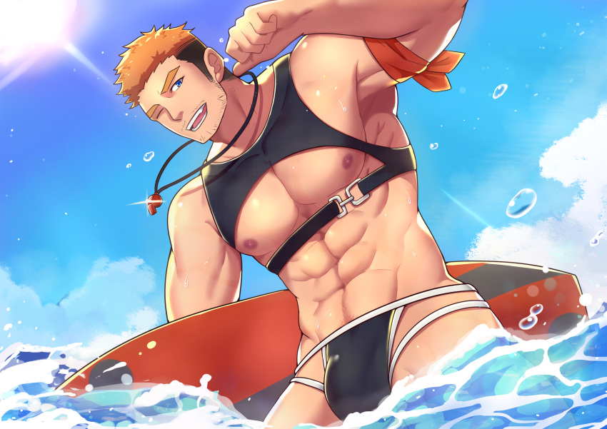 1boy 539862536 abs absurdres bara bare_shoulders beard blue_eyes brown_hair bulge chest cloud day facial_hair gyee highres holding_surfboard looking_at_viewer male_focus multicolored_hair muscle navel nipples no_tattoo one_eye_closed open_mouth orange_hair pectorals pointing pointing_at_self rand_(gyee) revealing_swimsuit sideburns simple_background sky smile solo stubble sunlight surfboard swimsuit upper_body water water_drop