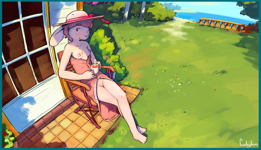 blue_border border bottomless breasts building clothed clothing funkybun genitals hi_res house lagomorph leporid mammal nipples outside pussy rabbit sea sun sunning topless water