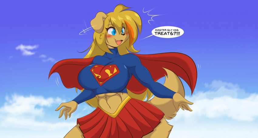 abs anthro big_breasts blonde_hair blue_eyes breasts canid canine canis cloud cosplay domestic_dog female hair long_hair mammal mastergodai midriff open_mouth sky solo super_girl superhero superhero_costume superman_(series) yuriko