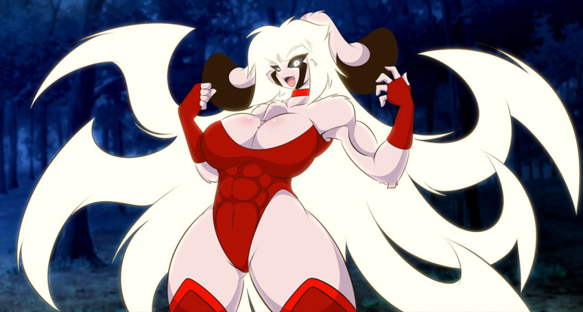 anthro athletic athletic_female black_sclera breasts clothing female fingerless_gloves forest fur gloves hair handwear jazmin_usagi lagomorph leporid long_ears long_hair mammal mastergodai pink_body pink_fur rabbit red_clothing solo tree white_eyes white_hair