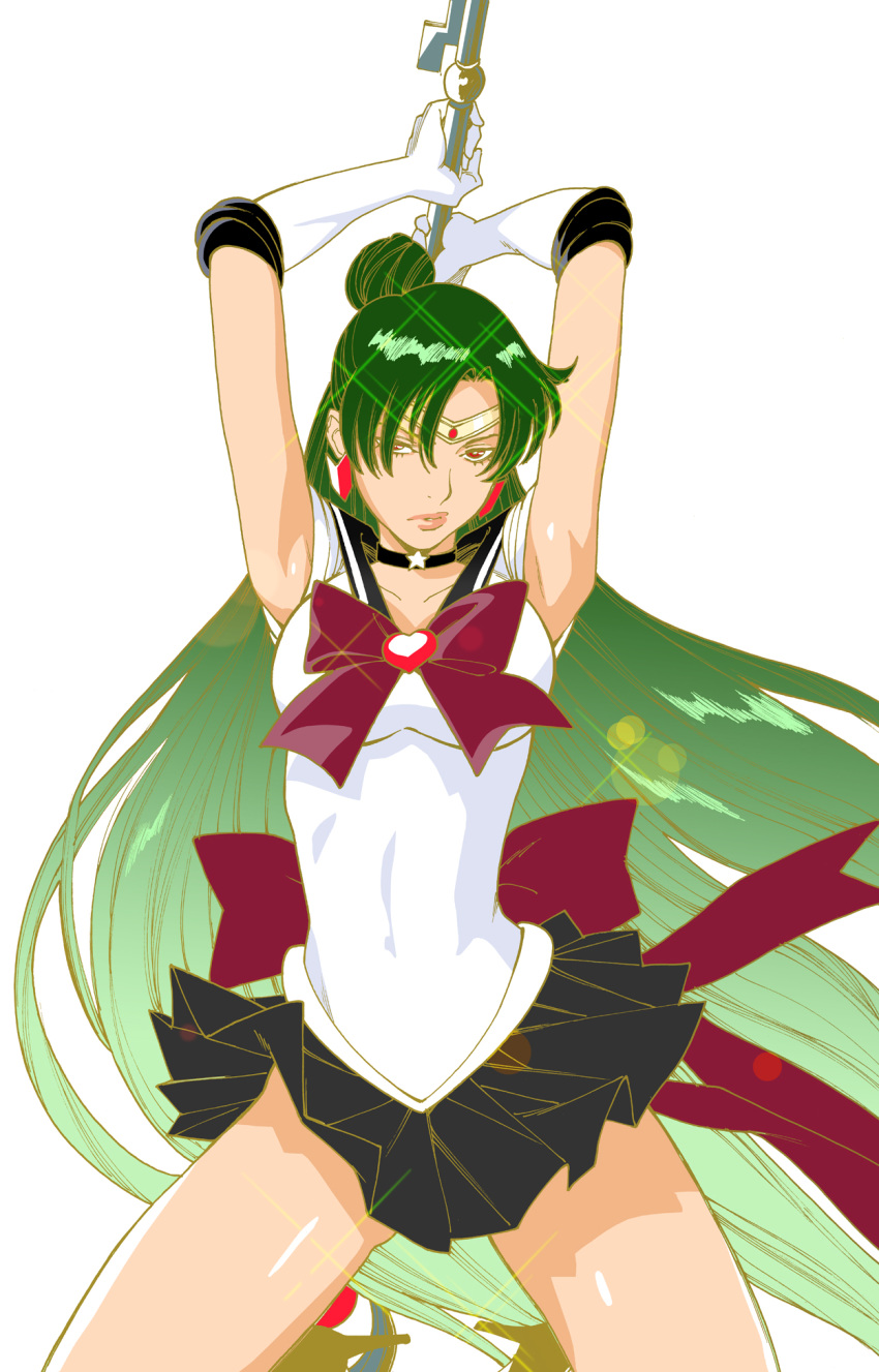 1girl arms_up bishoujo_senshi_sailor_moon black_choker black_sailor_collar black_skirt breasts choker circlet collarbone earrings elbow_gloves garnet_rod gloves green_hair hair_bun highres jewelry kishi_torajirou long_hair medium_breasts meiou_setsuna miniskirt pleated_skirt red_eyes sailor_collar sailor_pluto sailor_senshi_uniform skirt sleeveless solo star star_choker very_long_hair white_gloves