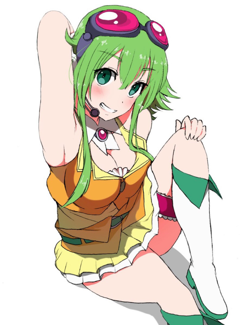 1girl arm_behind_back arm_up armpits bare_shoulders boots brooch collar frilled_skirt frills goggles goggles_on_head green_eyes green_hair grin gumi headset highres jewelry knee_boots knee_up looking_at_viewer nishikino_kee orange_shirt orange_skirt red_goggles shirt sitting skirt smile solo thigh_strap vocaloid white_collar
