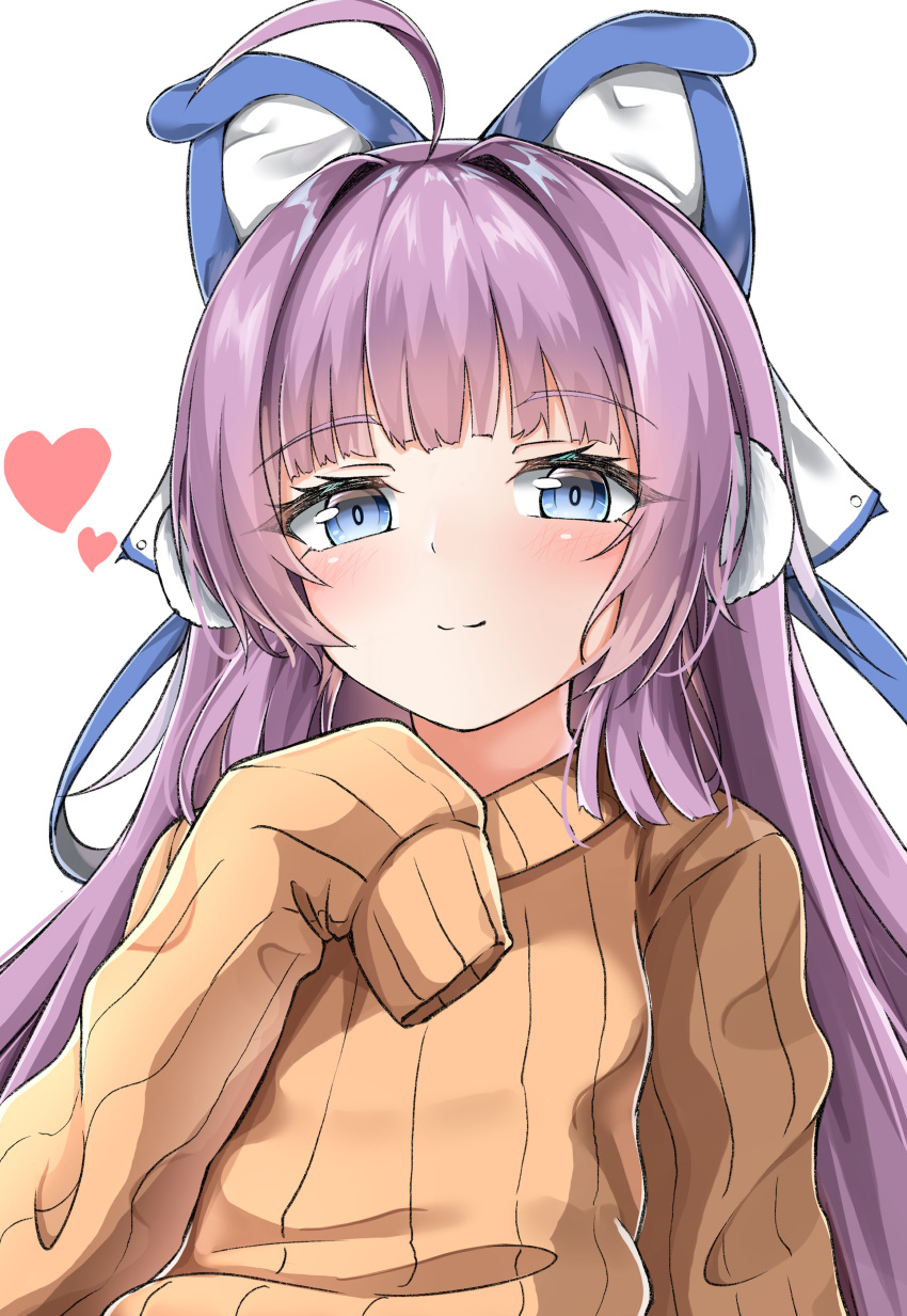 1girl absurdres animal_ears azur_lane blue_eyes blush brown_sweater calligraphy_brush calligraphy_brush_(medium) close-up dress eyebrows_visible_through_hair gradient gradient_background graphite_(medium) hair_ribbon heart highres long_hair long_sleeves looking_at_viewer moyoron paintbrush purple_hair ribbon smile solo sweater sweater_dress tashkent_(azur_lane) traditional_media very_long_hair