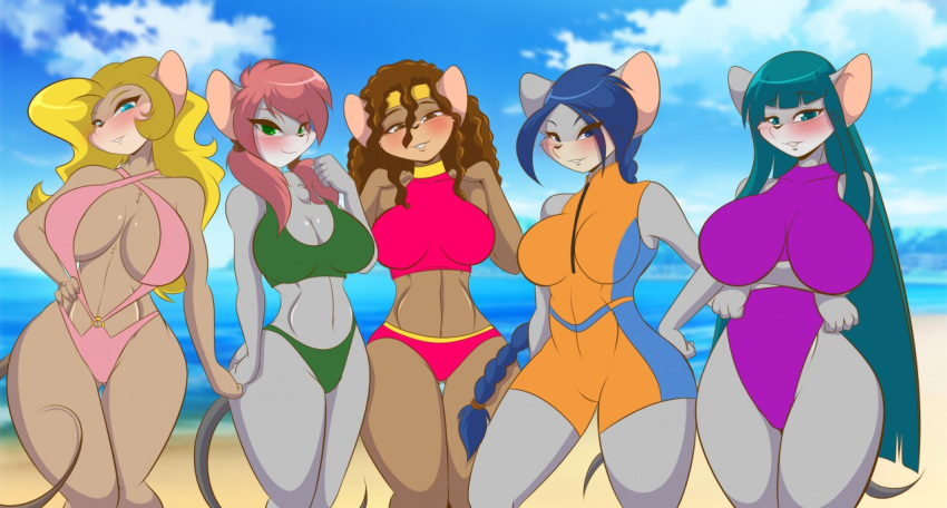 anthro beach bikini blonde_hair blue_hair breasts brown_hair clothing female fur grey_body grey_fur group hair long_hair looking_at_viewer mammal mastergodai mouse murid murine one-piece_swimsuit pink_hair rodent sand sea seaside sky swimwear water