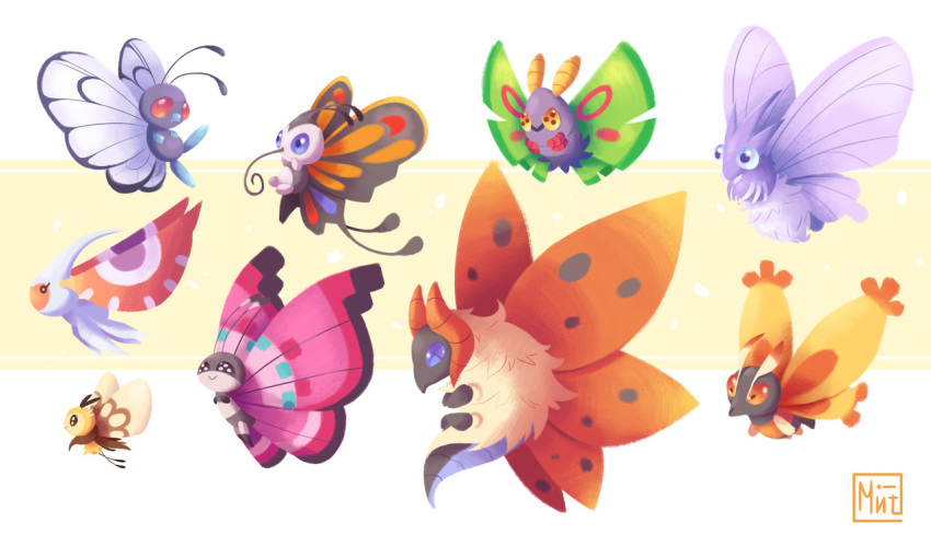 beautifly black_eyes blue_eyes butterfree closed_mouth commentary creature dustox english_commentary fangs full_body gen_1_pokemon gen_3_pokemon gen_4_pokemon gen_5_pokemon gen_6_pokemon gen_7_pokemon masquerain mintfoox mothim no_humans pokemon pokemon_(creature) purple_eyes ribombee signature simple_background smile trait_connection venomoth vivillon vivillon_(meadow) volcarona white_background yellow_eyes