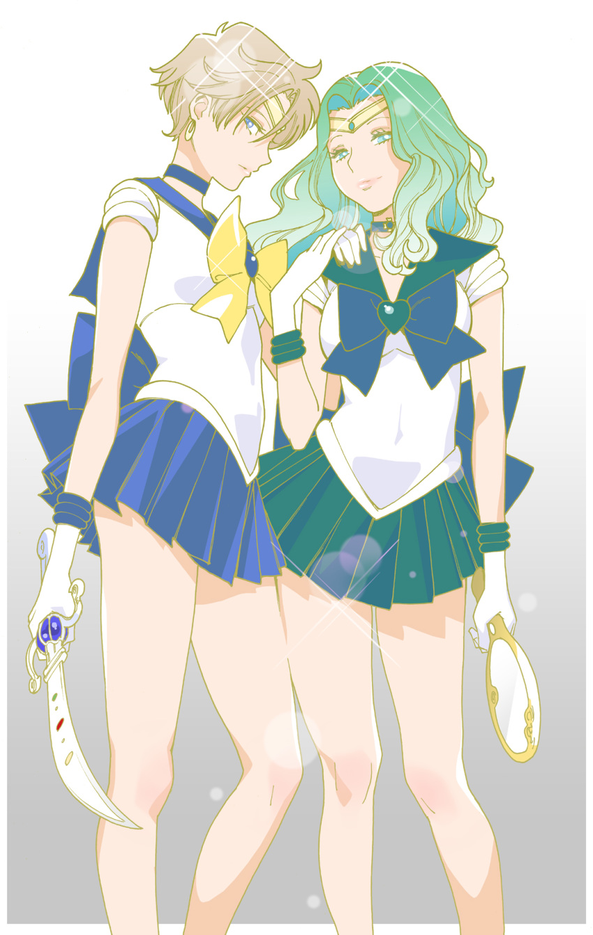 2girls aqua_choker aqua_eyes aqua_hair aqua_sailor_collar aqua_skirt bishoujo_senshi_sailor_moon blonde_hair blue_choker blue_eyes blue_sailor_collar blue_skirt bow choker circlet closed_mouth covered_navel deep_aqua_mirror earrings gloves hair_intakes highres holding holding_sword holding_weapon jewelry kaiou_michiru kishi_torajirou long_hair miniskirt mirror multiple_girls pleated_skirt sailor_collar sailor_neptune sailor_senshi_uniform sailor_uranus short_hair skirt smile space_sword sword ten'ou_haruka very_short_hair weapon white_gloves yellow_bow