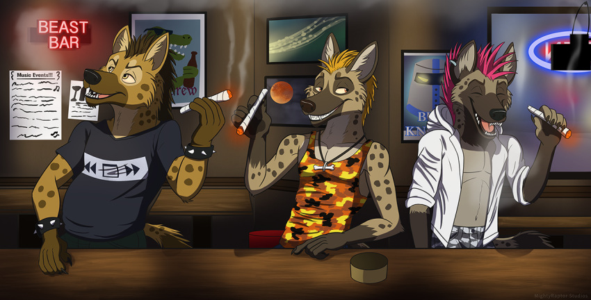 anthro bar bottomwear clothing drugs expressions group hyaenid jeans male male/male mammal marijuana mightyraptor muscular overweight pants pub shirt skinny smoke smoking spotted_hyena topwear