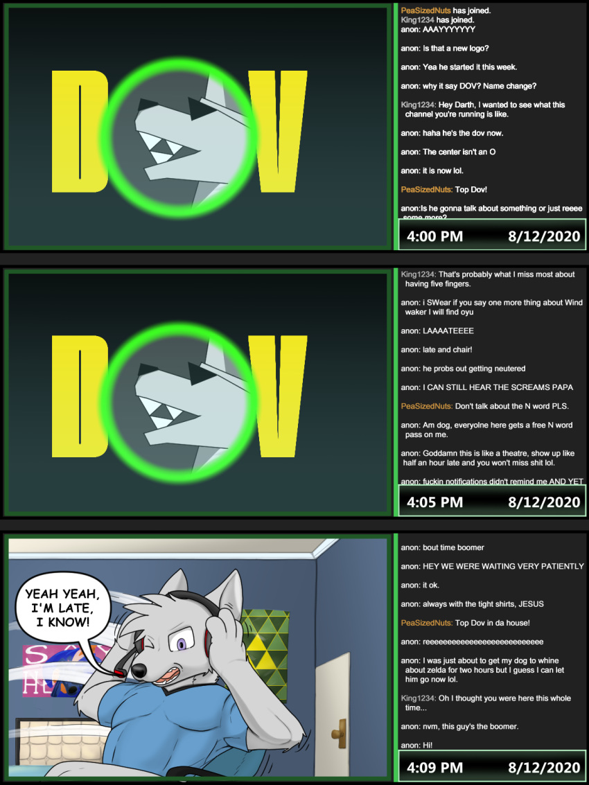 3:4 annoyed anthro bed bedroom black_bars camera canid canine canis chair chat chat_box clock clothing darth_vader_sanchez_(housepets!) dialogue door english_text fur furniture grey_body grey_fur headgear headphones headset hi_res housepets! inside letterbox livestream logo male mammal muscular poster profanity purple_eyes shirt solo text topwear trashbadger webcam webcomic wolf