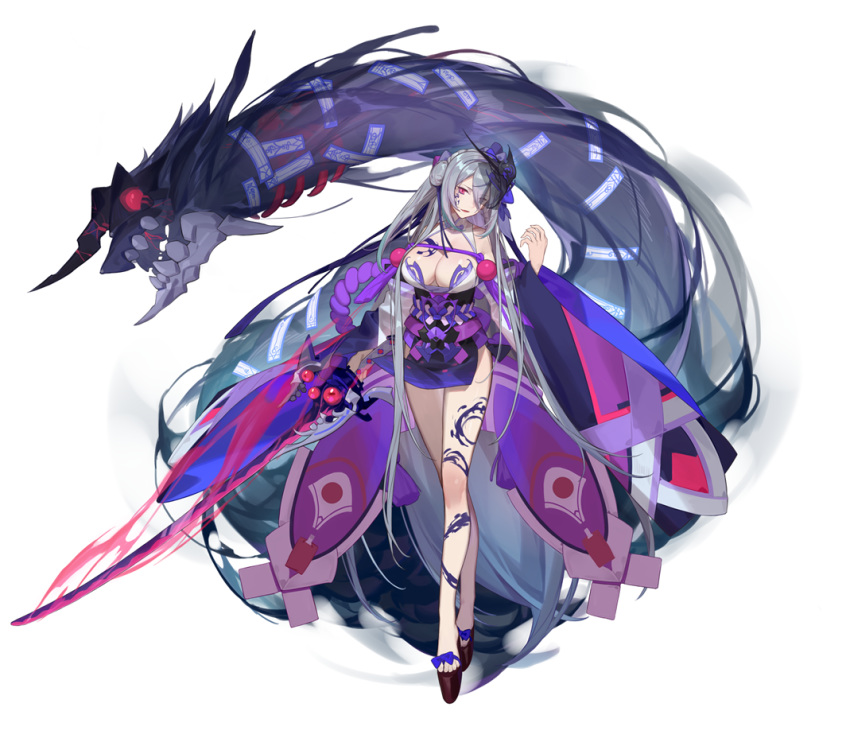 1girl ark_order breasts eyes_visible_through_hair glowing glowing_weapon grey_hair holding holding_sword holding_weapon horns katana large_breasts long_hair monster parted_lips red_cucumber red_eyes solo sword talisman tattoo toenails veins weapon wide_sleeves