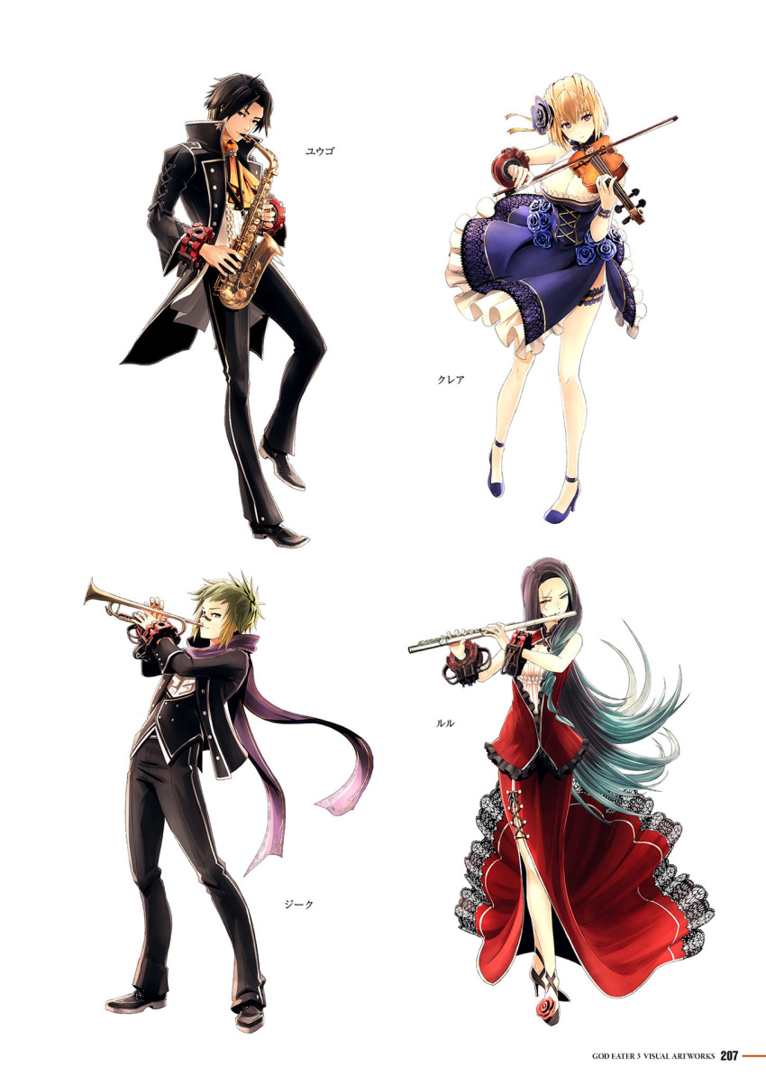 2boys 2girls artist_request bangs black_footwear black_hair blonde_hair blue_dress bracelet breasts claire_victorious cleavage dress flute full_body god_eater god_eater_3 hair_ornament high_heels highres holding instrument jewelry long_hair long_sleeves lulu_baran medium_breasts multiple_boys multiple_girls official_art page_number pants parted_bangs red_dress saxophone scan scar scar_across_eye scarf short_hair simple_background sleeveless strapless strapless_dress thigh_strap trumpet violin white_background