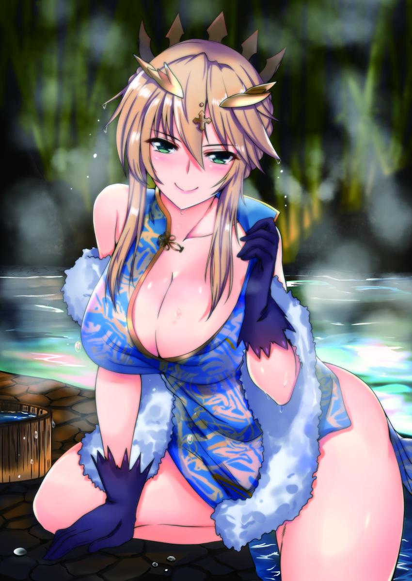 1girl absurdres ahoge arko_(acucs) artoria_pendragon_(all) artoria_pendragon_(lancer) bangs bare_shoulders blonde_hair blue_dress blue_gloves blush braid breasts bucket china_dress chinese_clothes cleavage closed_mouth collarbone crown dress fate/grand_order fate_(series) french_braid gloves green_eyes hair_between_eyes highres large_breasts long_hair looking_at_viewer onsen pelvic_curtain side_slit sidelocks sleeveless sleeveless_dress smile thighs water wet wooden_bucket