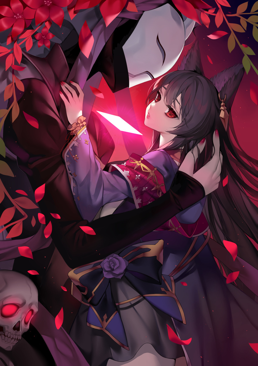 1girl absurdres animal_ears bangs black_bow black_hair black_jacket blue_kimono bow commentary_request death_(granblue_fantasy) ear_piercing erune eyebrows_visible_through_hair flower glowing glowing_eyes granblue_fantasy highres jacket japanese_clothes juliet_sleeves kimono long_hair long_sleeves mask may_(2747513627) nail_polish nier_(granblue_fantasy) petals piercing puffy_sleeves purple_flower purple_nails purple_rose red_eyes red_nails rose skull very_long_hair wide_sleeves