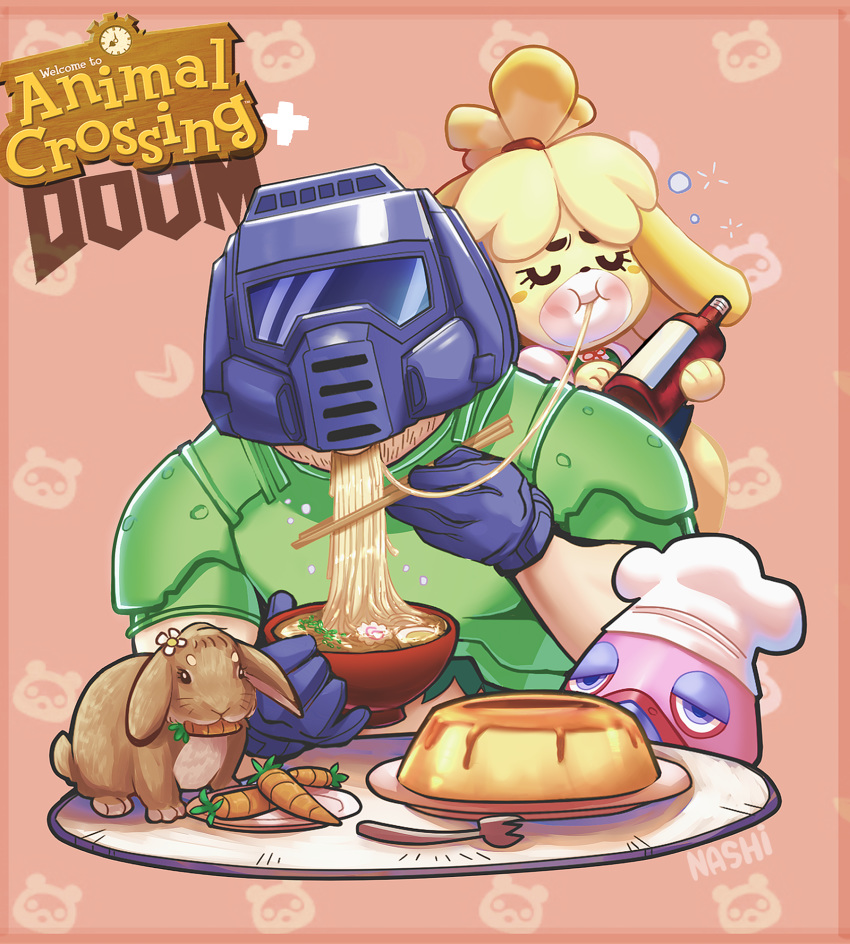 ambiguous_gender animal_crossing buublybutt canid canine canis chef_hat chopsticks clothing cutlery domestic_dog doom_(series) doom_guy eating feral food fork gloves green_clothing green_topwear handwear hat headgear headwear hi_res holding_chopsticks holding_object human id_software isabelle_(animal_crossing) kitchen_utensils larger_human mammal nintendo shih_tzu size_difference smaller_feral tools topwear toy_dog video_games