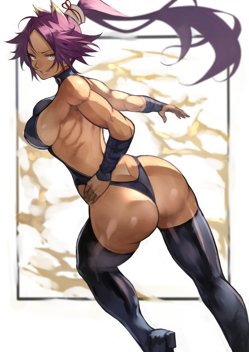 1girl 55level absurdres ass bangs bare_shoulders black_footwear black_leotard bleach boots breasts butt_crack closed_mouth dark_skin hand_on_hip highres leotard long_hair looking_at_viewer looking_back medium_breasts muscle muscular_female parted_lips ponytail purple_hair shihouin_yoruichi shiny shiny_hair simple_background skin_tight sleeveless smile solo thigh_boots thighhighs thighs tied_hair vambraces