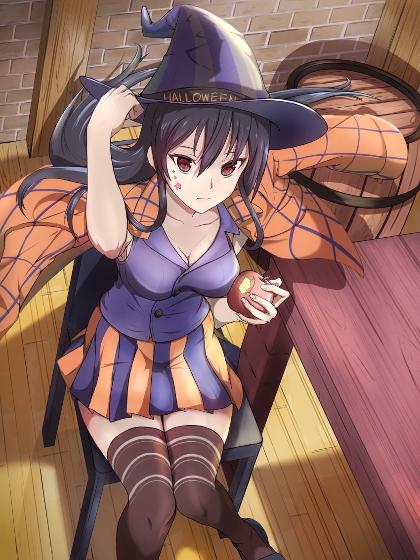 1girl akame akame_ga_kill! alternate_costume bangs black_hair black_legwear breasts cleavage closed_mouth collarbone facial_mark floating_hair food from_above fruit hair_between_eyes halloween halloween_costume hat highres holding holding_food holding_fruit indoors jacket jacket_on_shoulders long_hair medium_breasts miniskirt najendasan open_clothes open_jacket orange_jacket orange_skirt pleated_skirt purple_headwear purple_shirt purple_skirt red_apple red_eyes shiny shiny_hair shirt sitting skirt sleeveless sleeveless_shirt solo striped striped_headwear thigh_gap thighhighs two-tone_skirt very_long_hair witch_hat wooden_floor zettai_ryouiki