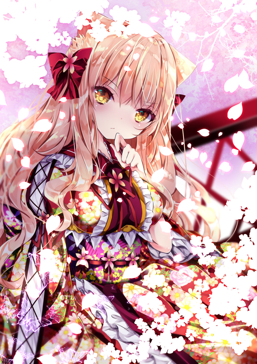1girl animal_ears bangs blurry blurry_background bow breasts cat_ears commentary_request depth_of_field eyebrows_visible_through_hair floral_print frilled_kimono frills hair_between_eyes hair_bow hand_up highres japanese_clothes kimono light_brown_hair long_hair looking_at_viewer medium_breasts nanase_kureha nanase_nao obi original print_kimono red_bow red_kimono red_ribbon ribbon sash solo very_long_hair yellow_eyes