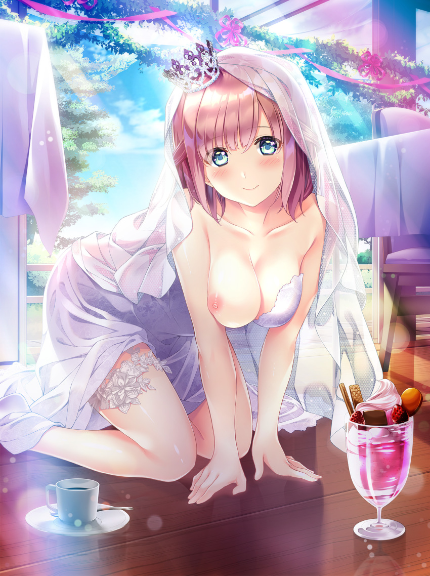 breast_hold breasts dakikano dress fumio garter nazuka_risa nipples no_bra see_through wedding_dress