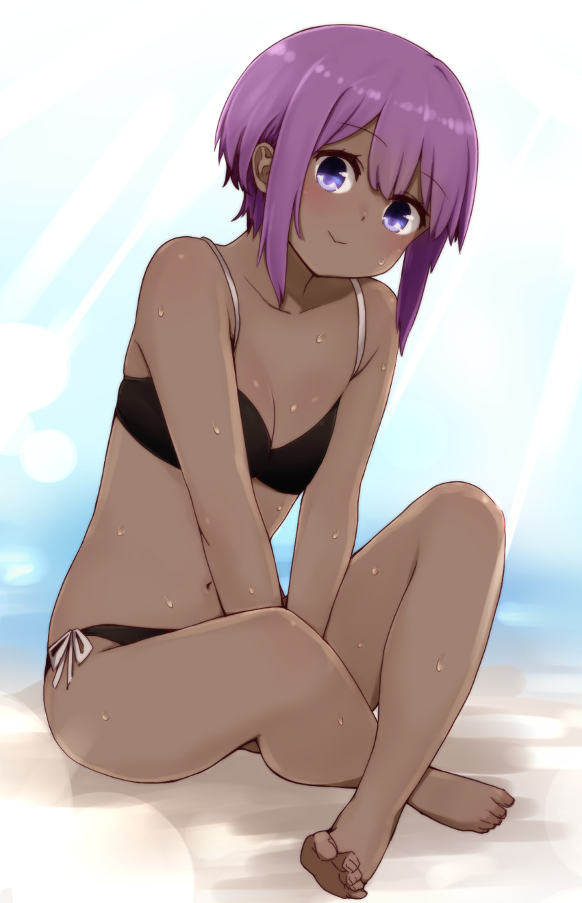 1girl :&gt; bangs bare_arms bare_legs bare_shoulders barefoot between_legs bikini black_bikini breasts cleavage closed_mouth collarbone crossed_legs dark_skin eyebrows_visible_through_hair fate/prototype fate/prototype:_fragments_of_blue_and_silver fate_(series) full_body hair_between_eyes hand_between_legs hassan_of_serenity_(fate) highres i.u.y looking_at_viewer navel purple_eyes purple_hair side-tie_bikini sitting small_breasts soles solo swimsuit wet