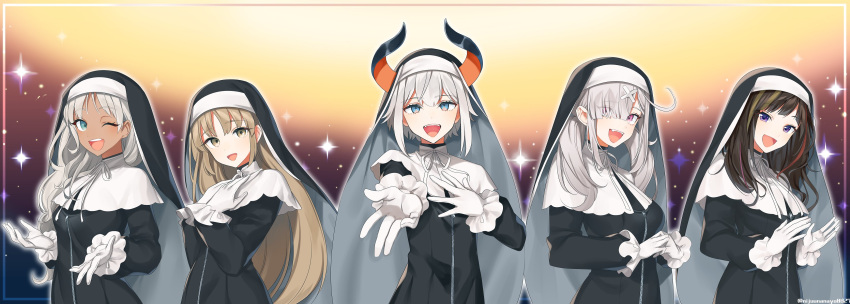 5girls absurdres bangs black_hair blue_eyes blush brown_eyes dark_skin demon_girl demon_horns eyebrows_visible_through_hair fangs gloves habit hair_over_one_eye hayase_sou highres horns levi_elipha light_brown_hair looking_at_viewer miyukiyo multicolored_hair multiple_girls nijisanji nun official_art open_mouth purple_eyes silver_hair sister_cleaire smile streaked_hair sukoya_kana todoroki_kyouko twitter_username upper_body virtual_youtuber white_gloves white_hair