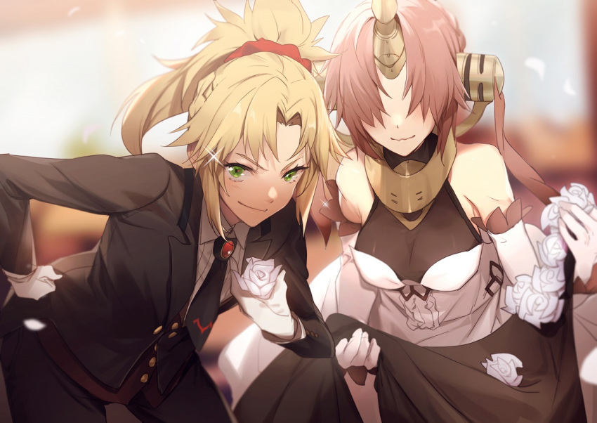 2girls bare_shoulders black_veil blonde_hair blush breasts dress elbow_gloves fate/apocrypha fate/grand_order fate_(series) flower formal frankenstein's_monster_(fate) gloves green_eyes grin hair_over_eyes headgear horn long_sleeves looking_at_viewer medium_breasts medium_hair mordred_(fate) mordred_(fate)_(all) multiple_girls necktie no-kan pink_hair rose short_hair smile suit wavy_mouth wedding_dress white_dress white_flower white_gloves white_rose