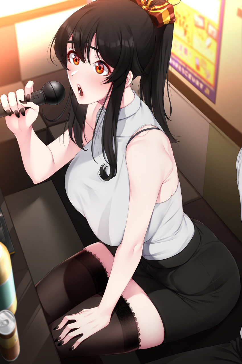 1girl absurdres akchu alcohol bangs bare_arms bare_shoulders beer_can black_hair black_legwear black_nails black_skirt blush bra_strap breasts brown_eyes can commentary_request from_above grey_shirt hair_between_eyes hair_ribbon hand_on_own_thigh high_ponytail highres holding holding_microphone karaoke large_breasts long_hair microphone miniskirt music open_mouth original poster_(object) ribbon shirt sidelocks singing sitting skirt sleeveless sleeveless_shirt table thighhighs thighs