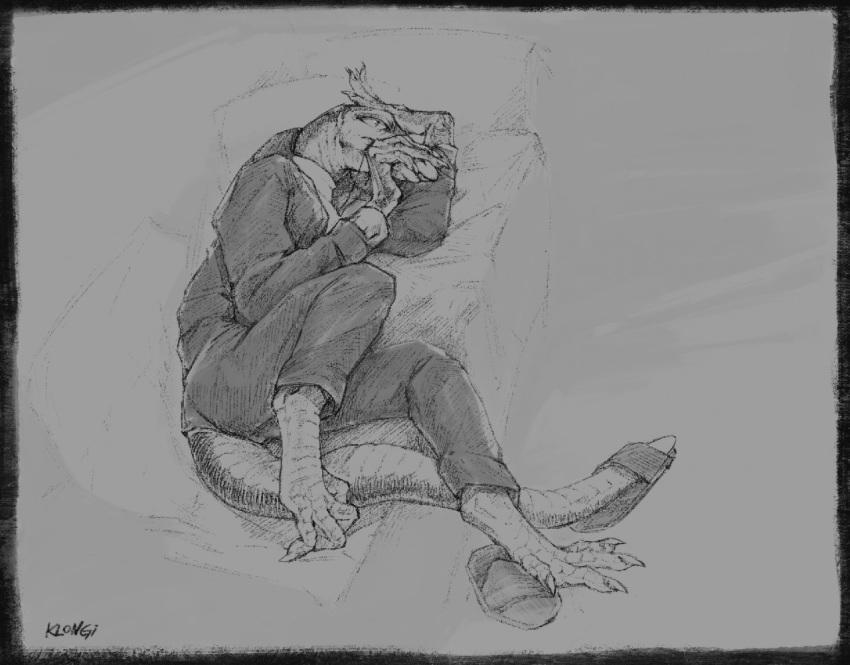 5_fingers anthro claws clothed clothing digital_media_(artwork) fingers furniture greyscale klongi lizard lying male monochrome on_side reptile scales scalie simple_background sketch slippers sofa solo