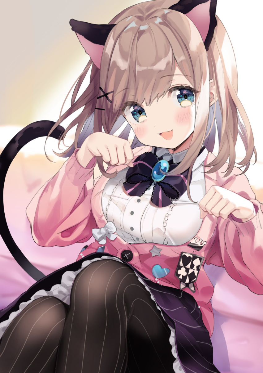 1girl :d animal_ears black_skirt blue_eyes blush bow bowtie breasts brooch brown_hair cat_ears cat_tail commentary_request eyebrows_visible_through_hair eyelashes eyes_visible_through_hair hair_bow hair_ornament hairclip highres jewelry kanda_done long_sleeves looking_at_viewer medium_breasts medium_hair nijisanji open_mouth pantyhose paw_pose pink_cardigan purple_bow purple_neckwear shirt sitting skirt smile solo striped striped_legwear striped_skirt suzuhara_lulu tail virtual_youtuber white_shirt x_hair_ornament