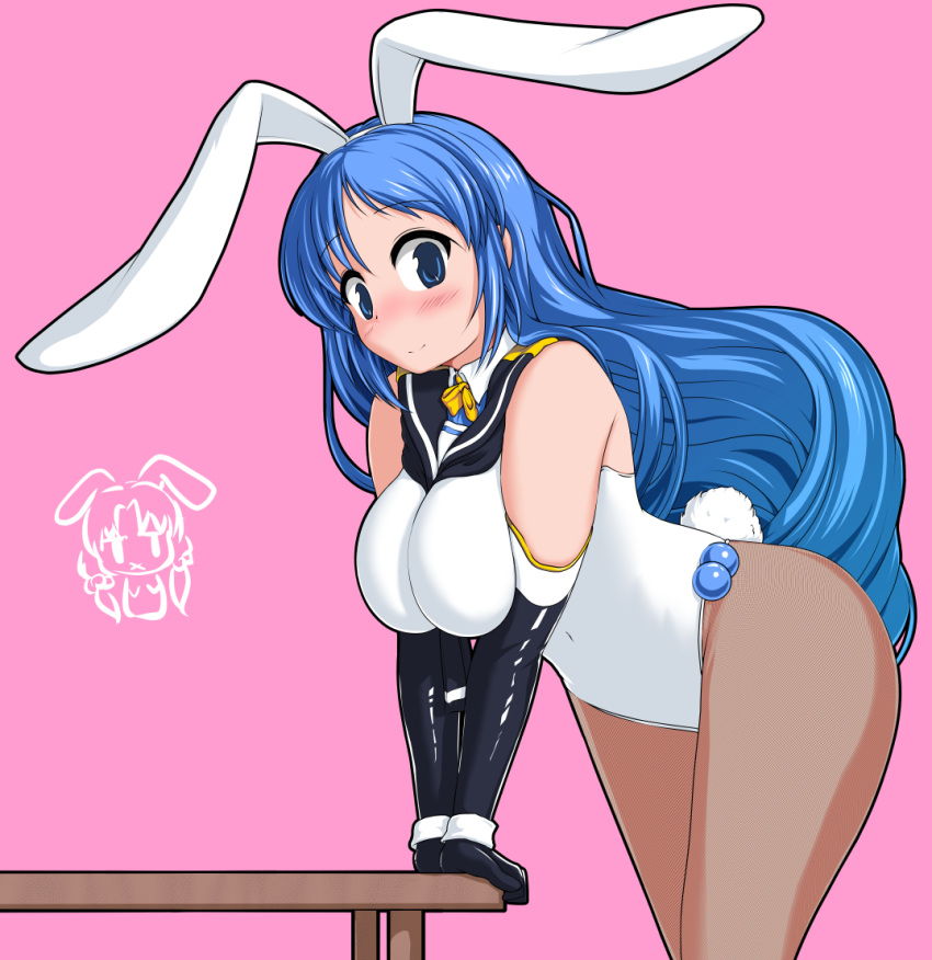 1girl adapted_costume alternate_breast_size animal_ears bangs black_gloves black_legwear blue_eyes blue_hair blush breasts bunny_ears bunny_girl bunny_tail elbow_gloves gloves jini_ya1 kantai_collection large_breasts long_hair meme_attire navel nipples nose_blush pink_background revealing_clothes reverse_bunnysuit reverse_outfit samidare_(kantai_collection) simple_background solo suzukaze_(kantai_collection) swept_bangs table tail very_long_hair
