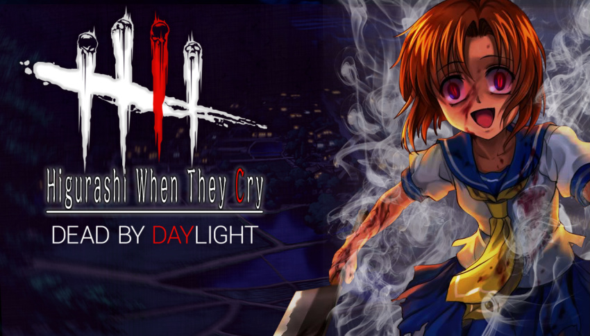 1girl artist_request blood crazy crossover dead_by_daylight fog hatchet higurashi_no_naku_koro_ni logo nose_hatchet red_hair ryuuguu_rena school_uniform slit_pupils