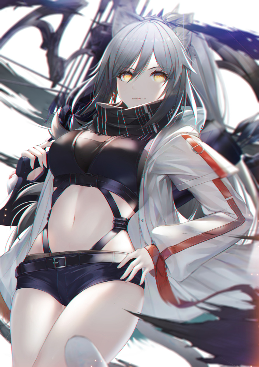 1girl absurdres animal_ears arknights belt belt_buckle black_hair black_scarf breasts buckle cat_ears cat_girl cat_tail closed_mouth coat cowboy_shot crop_top eyebrows_visible_through_hair gradient_hair gun hair_between_eyes hand_on_hip high_ponytail highres holding holding_gun holding_weapon long_hair long_sleeves looking_at_viewer mari_(doraerin0) medium_breasts multicolored_hair navel open_clothes open_coat pale_skin scarf schwarz_(arknights) short_shorts shorts silver_hair smile solo stomach striped striped_scarf tail very_long_hair weapon white_coat yellow_eyes