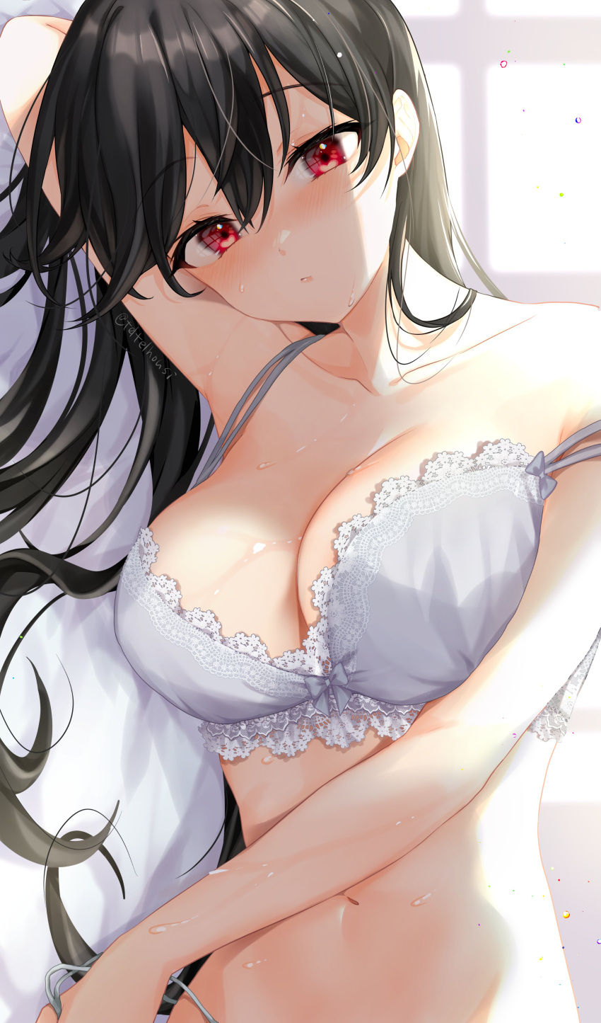 1girl absurdres artist_name backlighting bangs bed_sheet black_hair blush bra breasts cleavage collarbone eyebrows_visible_through_hair hair_between_eyes head_rest highres lace-trimmed_bra lace_trim large_breasts lingerie long_hair looking_at_viewer lying navel on_side original panties parted_lips red_eyes side-tie_panties solo stomach sweat teltelhousi underwear watermark white_bra white_panties window