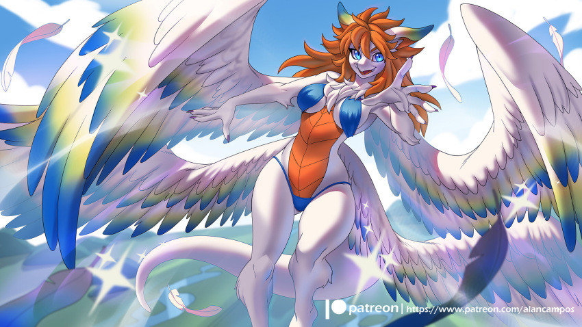 16:9 2020 5_fingers alanscampos anthro bikini blue_eyes breasts claws clothing digital_media_(artwork) feathered_wings feathers female fingers flammie hair hi_res loose_feather mana_(series) patreon red_hair solo square_enix swimwear text url video_games widescreen wings